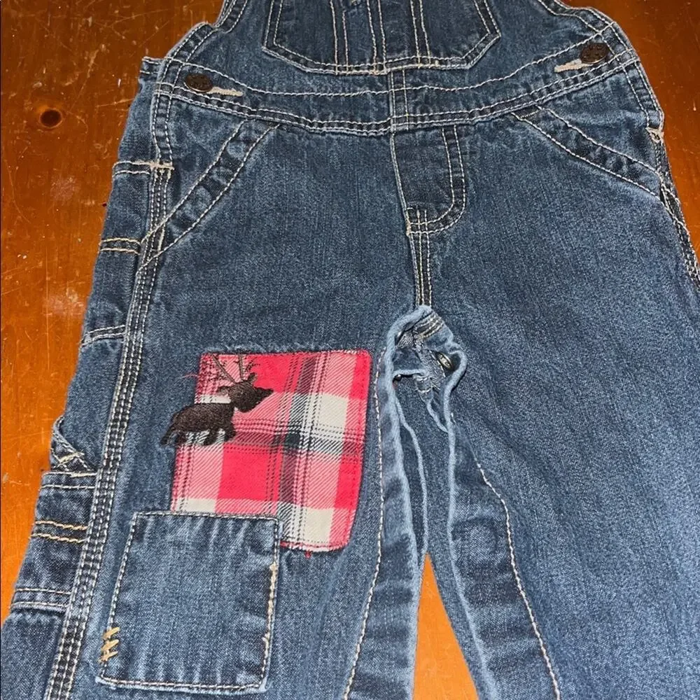 Oshkosh Bigosh Kids Denim Overalls with Red Plaid Patch Size 12M